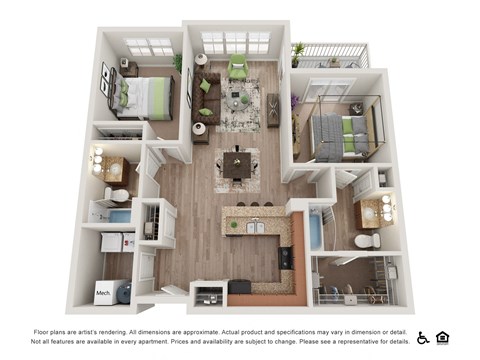 Floor plan for 2 beds, 2 baths, 1034 sqft